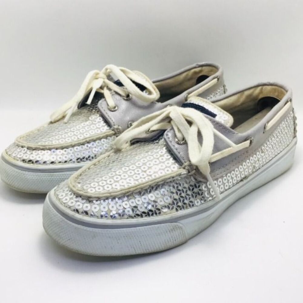 Sperry Top Sider Silver Sequins BAHAMA Loafers Boat Deck Shoes Womens Sz 6.5